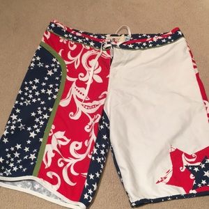 Roxy swim board shorts red white and Blue